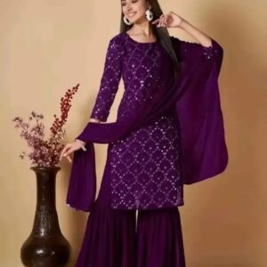 Women’s Georgette Sequence Work Kurta Solid Sharara with Dupatta Set