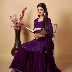 Women’s Georgette Sequence Work Kurta Solid Sharara with Dupatta Set