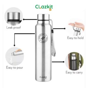 Clazkit Stainless Steel Water Bottle, 1000 ml – Single-Walled, Spill-Proof, Food Grade Steel | Fridge, Office, School, Travel, Gym, Car (Silver)