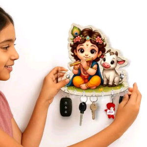 Baby Krishna with Cow Key Holder, Brown Wooden Wall Key Holder