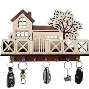 Premium Pine Wood Keychain Holder (brown and cream) with 7 Stainless Steel Hooks