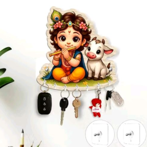 Baby Krishna with Cow Key Holder, Brown Wooden Wall Key Holder