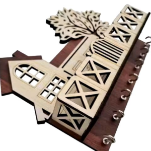 Premium Pine Wood Keychain Holder (brown and cream) with 7 Stainless Steel Hooks